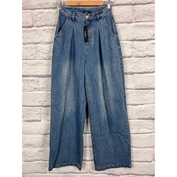 NWT Lulus Womens S Y2K Grunge Skater 90s Pleated High Rise Wide Leg Blue Jeans - Picture 3 of 11